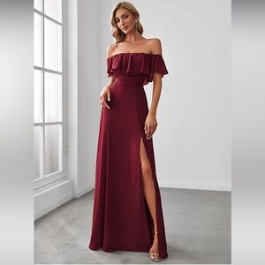 Burgundy Off The Shoulder Ruffle Maxi Dress